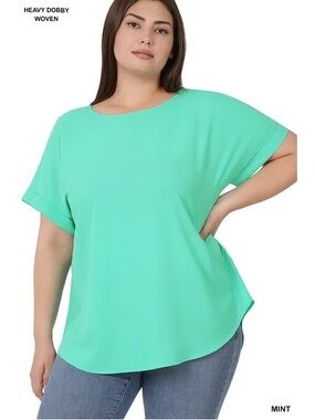 New Boutique Zenana Mint Rolled Short Sleeve Round Neck Top Size 1X